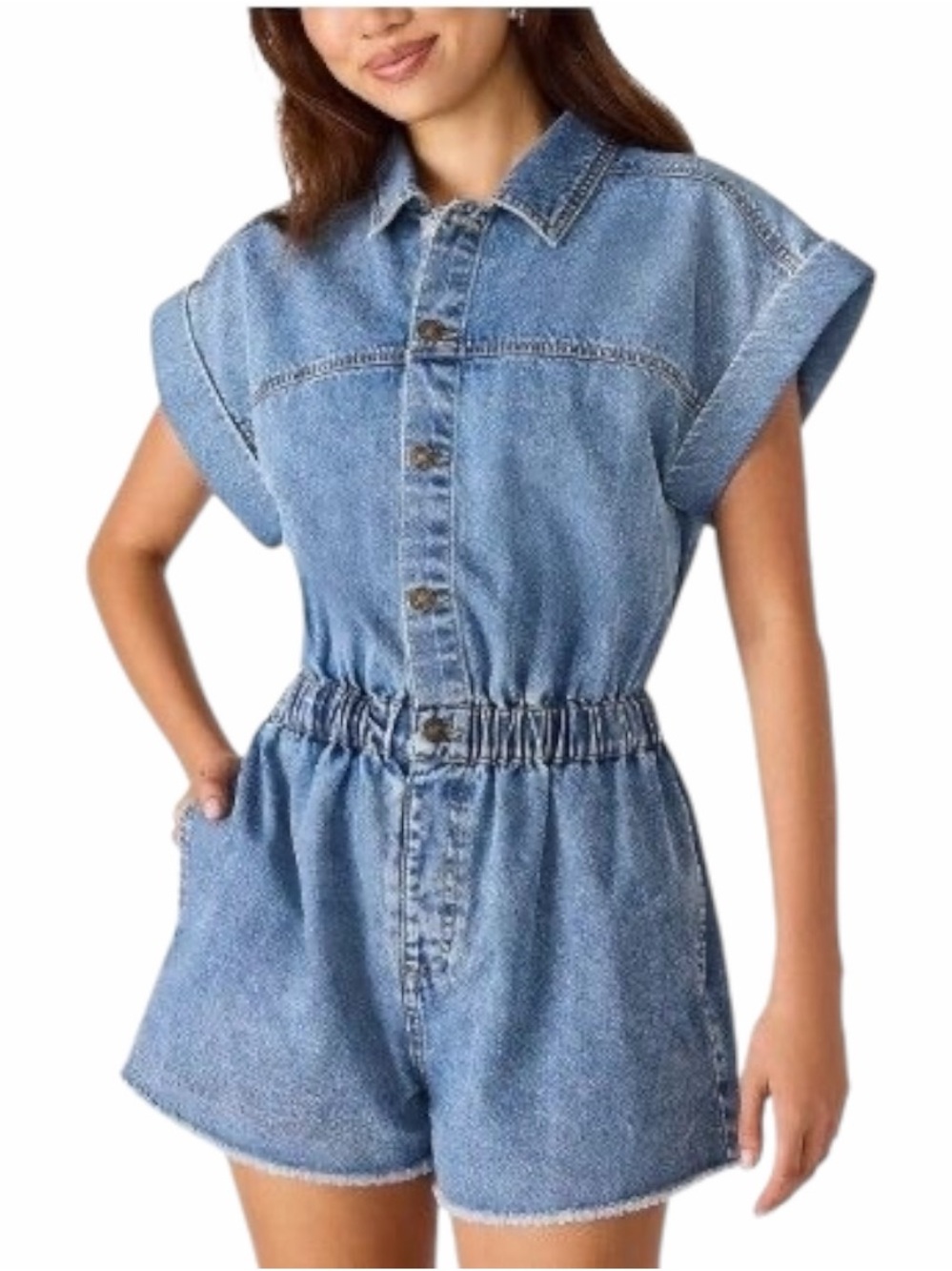 NWT Steve Madden Denim Romper Size Small Medium Wash Button Front Raw Hem